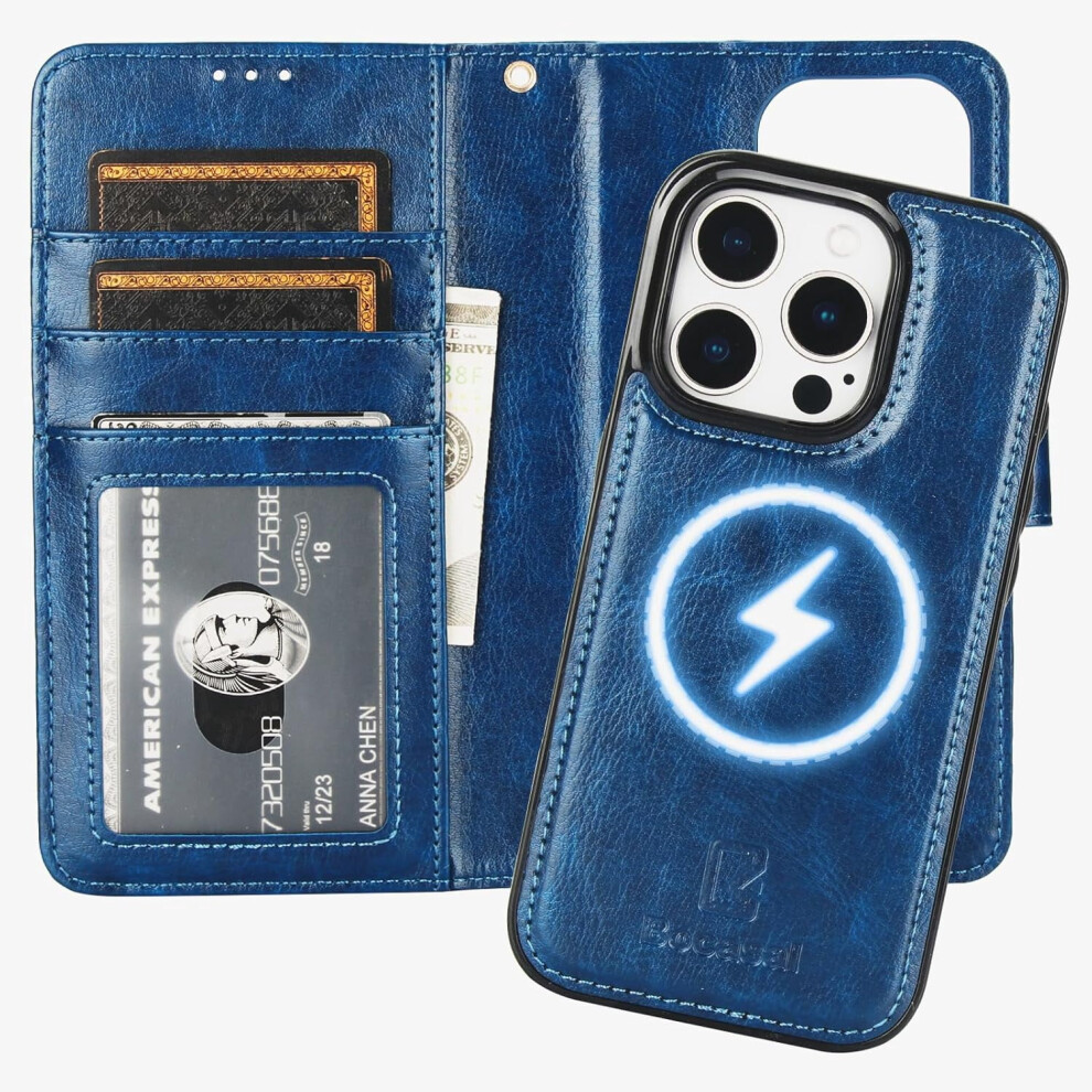 For 16 Pro Wallet Case Compatible With Magsafe, Rfid Blocking Leather Case With Card Slots Holder Kickstand Detachable Wrist Strap 6.3 Inch (Blue) Blue 9340959196333