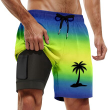 Men's 2 In 2 Running Shorts Beach Quick Dry Athletic Shorts With Liner Summer Hawaiian Print Drawstring Workout Shorts With Pockets Trendy Trousers