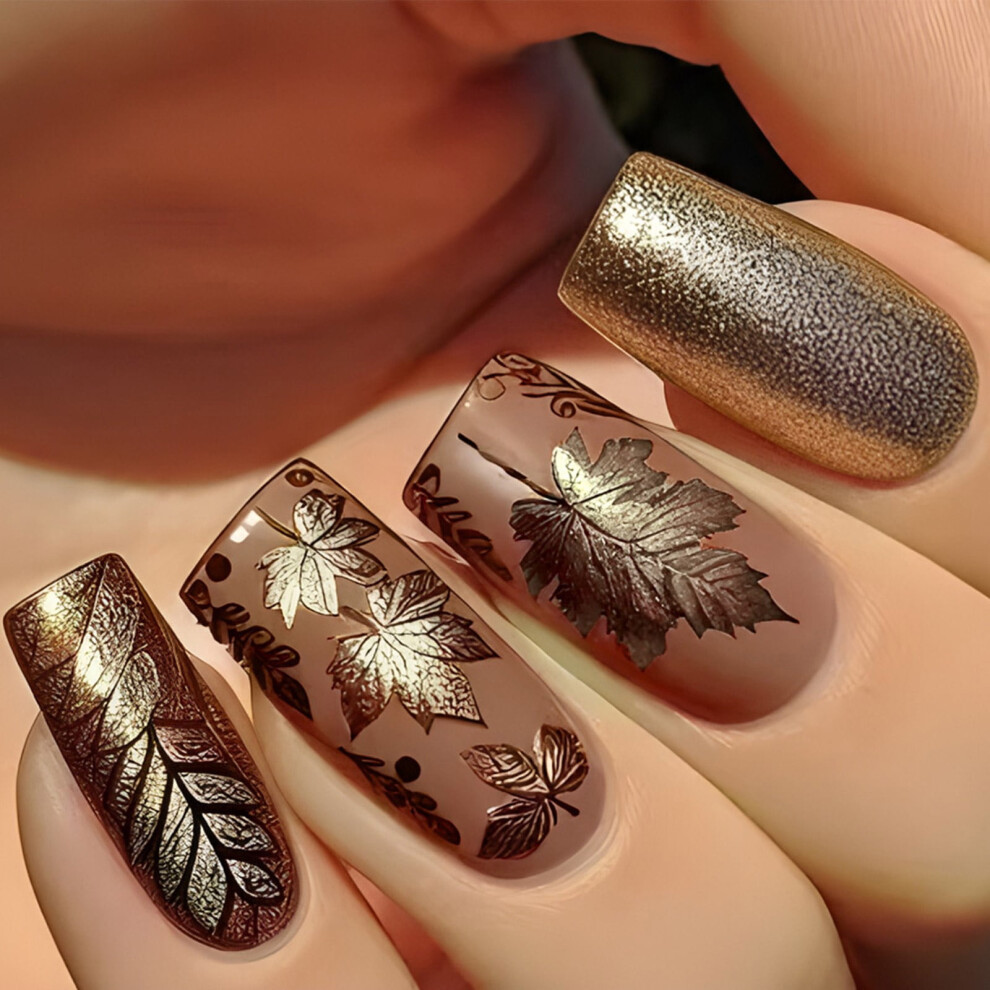 Thanksgiving 24pcs Maple Leaves Themed Square Holiday Artificial Acrylic on Nails for Women