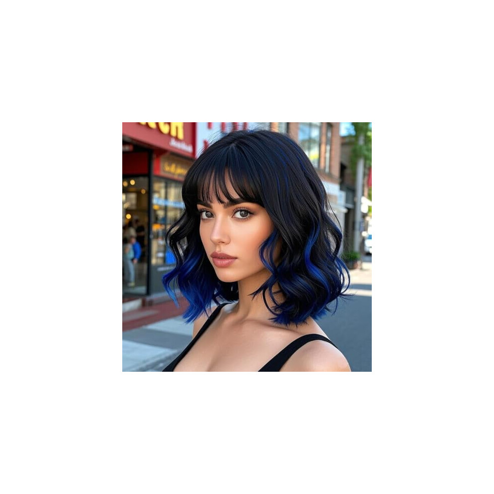 Black and Blue Bob Wig with Bangs for Women, Curly Wavy