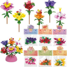 Valentine's Day Craft Cards with Flower Building Blocks, Pre-Assembled Kids Cards for Classroom Exchange, DIY Mini Flower Block Set, 24 Pack