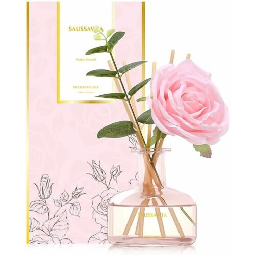 Diffuseur à bâtonnets parfumé à la rose, 120 jours de diffusion, flacon rose, diffuseur pour la maison et la salle de bain avec 7 bâtonnets,