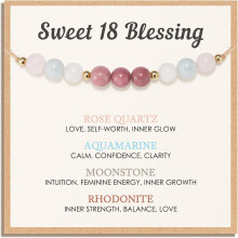 Birthday Blessing Gifts - Natural Stone Bracelet with Rose Quartz Aquamarine Moonstone Rhodonite - Adjustable 6mm Stone Jewelry with Blessing Card