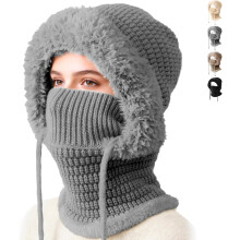 Dame 3-i-1 strikket balaklava hue/halstørklæde