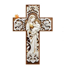 Pekkaxy Vintage Wooden Virgin Mary Wall Cross, Christian Religious Hanging Decor for Home Church Gift