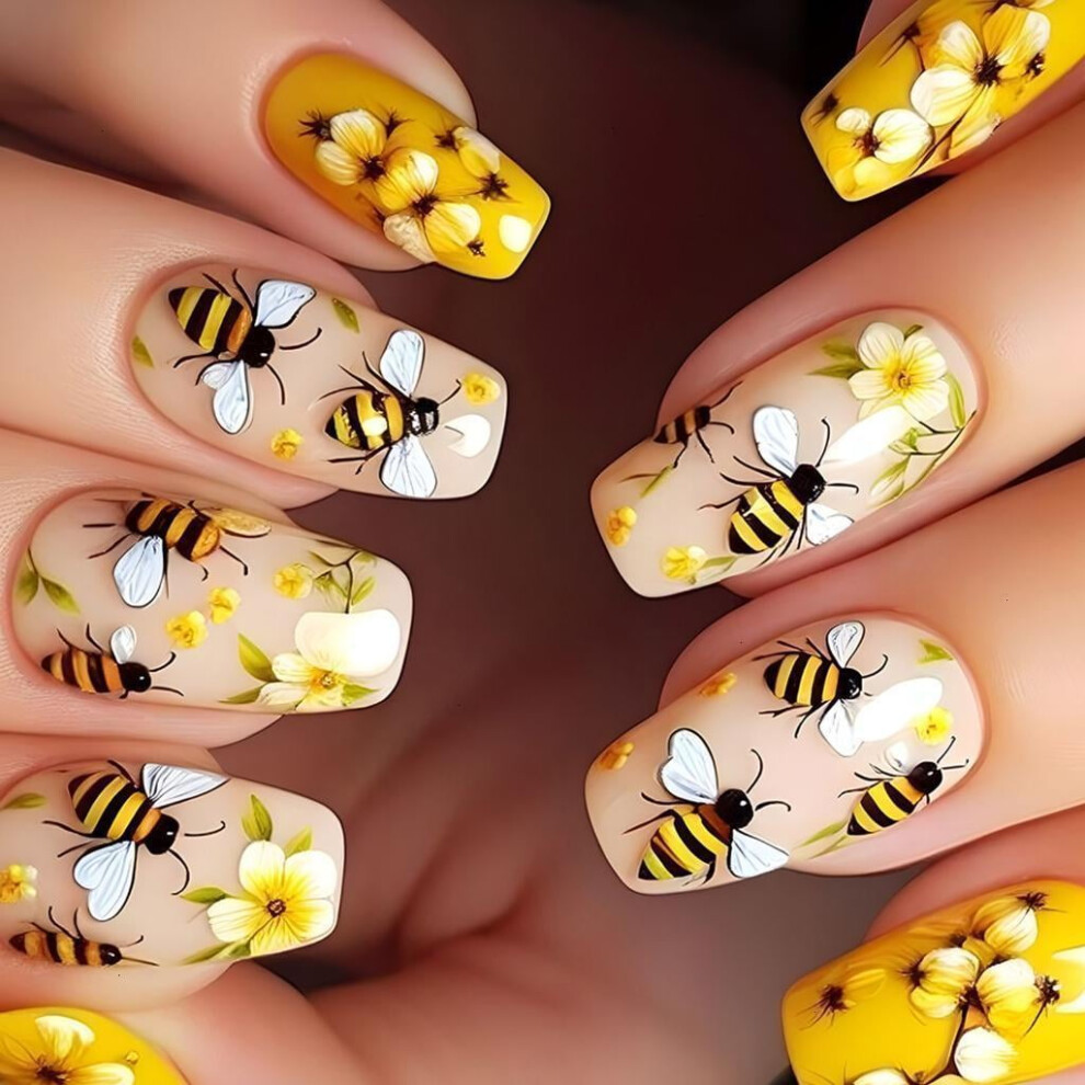 Flower Press on Nail Medium Length False Nail with Spring Floral Designs Coffin Acrylic Nail Full Cover Stick on Nail