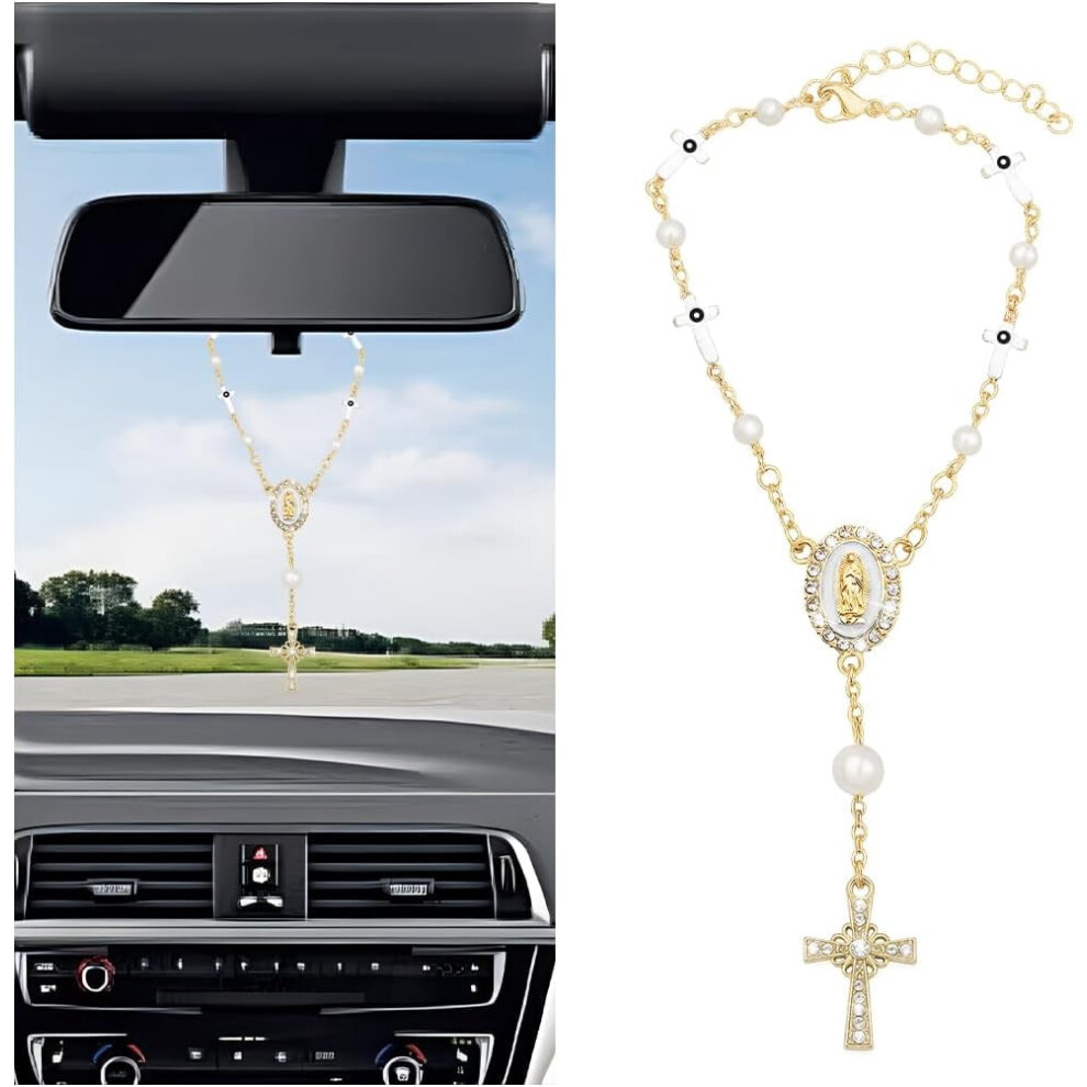 Bling Car Rosary For Rearview Mirror Â Evil Eye Bead Cross Crystal Rhinestone Pendant, Universal Compatible With Sedan/Rv/Truck (Red) Red 9353595586390