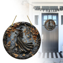 Décoration murale d'Halloween en bois ronde, motif sorcière d'automne, avec un design de sorcière en 2D. Parfaite pour décorer votre maison