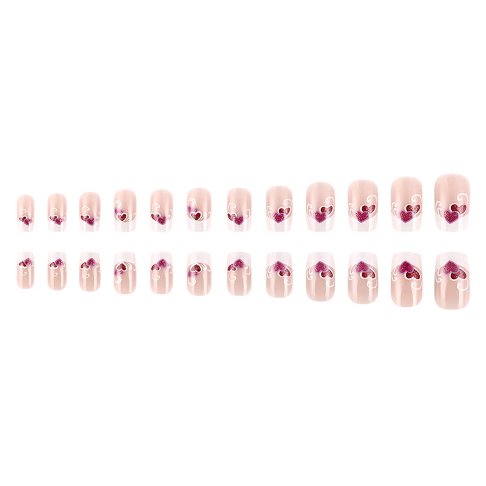 24 Pcs Valentines Day Short Square False Nails Heart on Nails French Tip Acrylic Nails