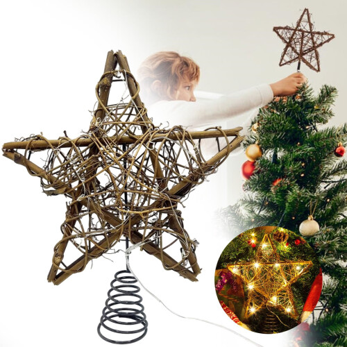 Rustic Rattan Christmas Tree Star Topper LED Brown 10 inch