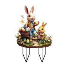 Piquets de jardin plats 2D Lapins de Pâques – Lapins parents et petits en costumes, panier d'œufs de Pâques, fleurs, compatibles avec pelouse et