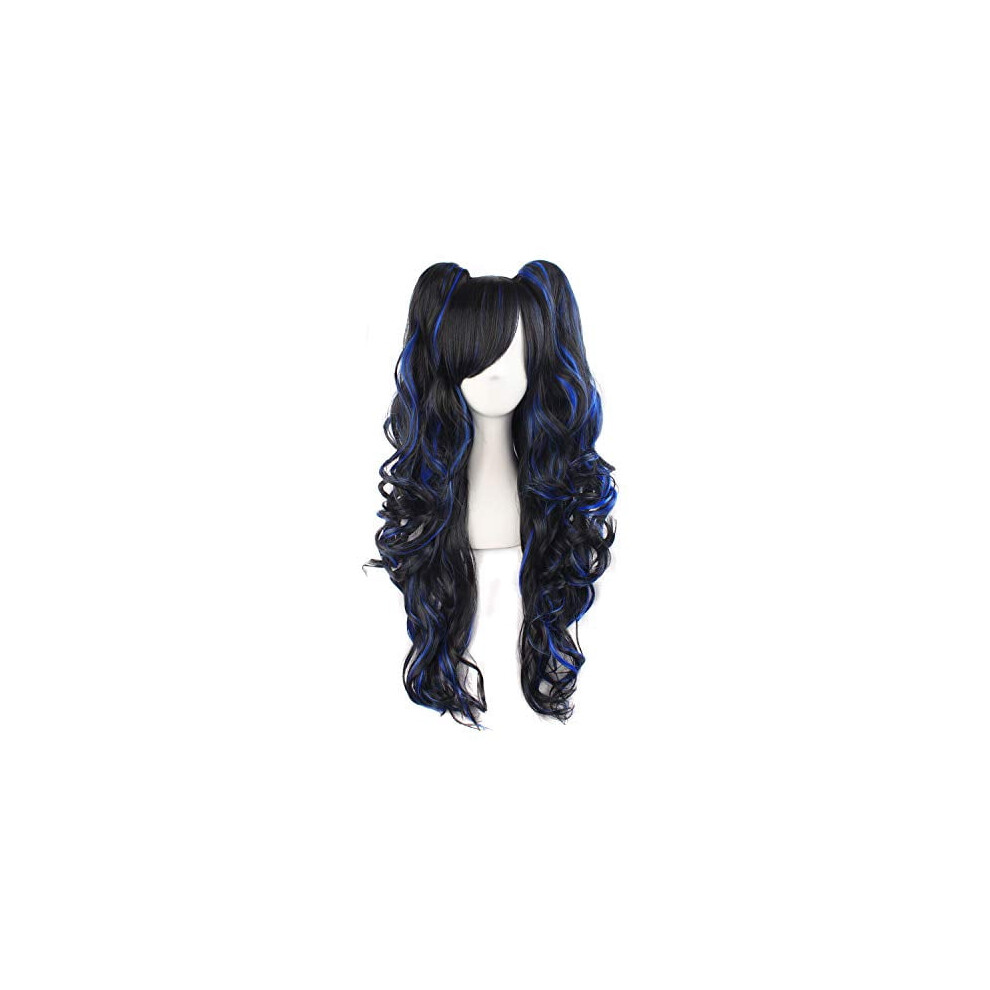 Unisex Black/Blue Multi-Color Lolita Long Curly Clip On Ponytails Cosplay Wig ()