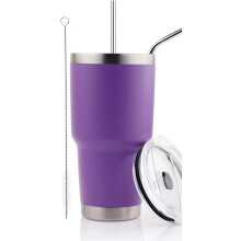 Gobelet isotherme violet de 887 ml (30 oz) en acier inoxydable à double paroi avec paille, couvercle et goupillon de nettoyage pour boissons chaudes