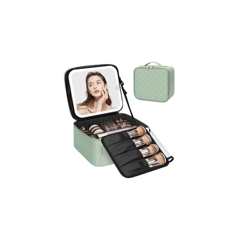 Green Led Makeup Bag With Adjustable Brightness & Detachable Dividers, Portable Cosmetic Organizer Compatible With Travel Â