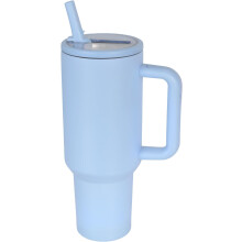 Gobelet isotherme de 1,2 L avec poignée, couvercle à paille rabattable et base en caoutchouc – Mug étanche pour femmes et hommes (bleu clair),