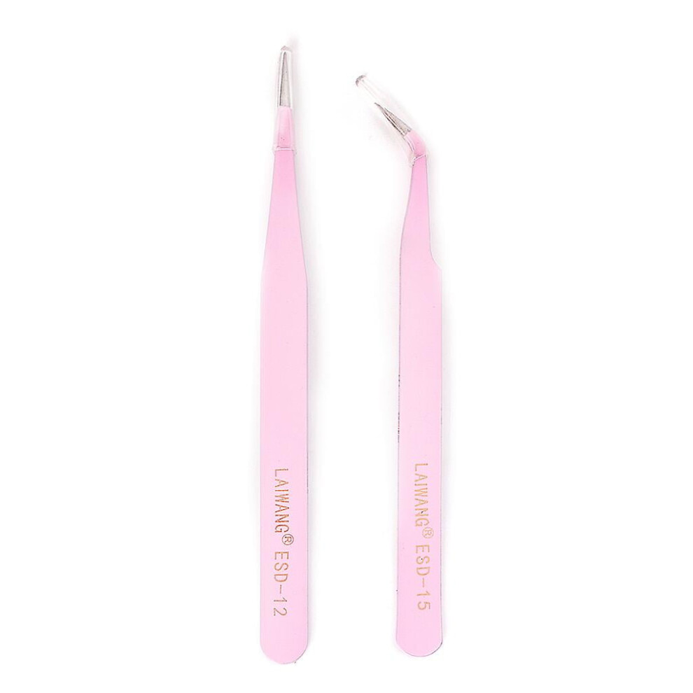 Pink 2Pc Steel Straight + Bend Tweezer Nippers For Eyelash Extensions Nail Art