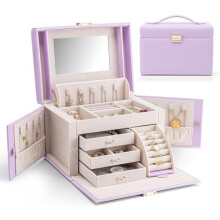 Portagioie con specchio, astuccio portagioie in pelle, supporto per collane, orecchini e anelli, colore viola.