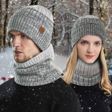 Winter Knit Hat & Scarf Set, Fleece-Lined Windproof Neck Warmer for Skiing, Hiking, Snow Sports – Gray