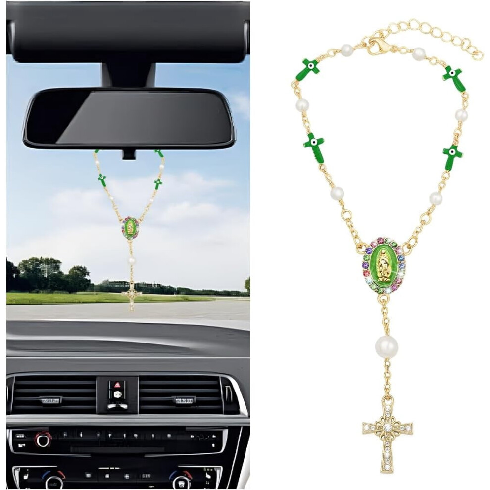 Bling Car Rosary For Rearview Mirror Â Evil Eye Bead Cross Crystal Rhinestone Pendant, Universal Automotive Interior Charm (Red) Red 9329345299834