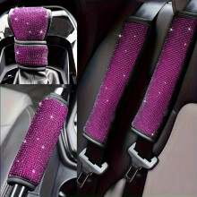 Four-Piece Car Seat Belt Shoulder Pad, Gear Shift Cover, Handbrake Cover Interior Set with Rhinestone Embellishments