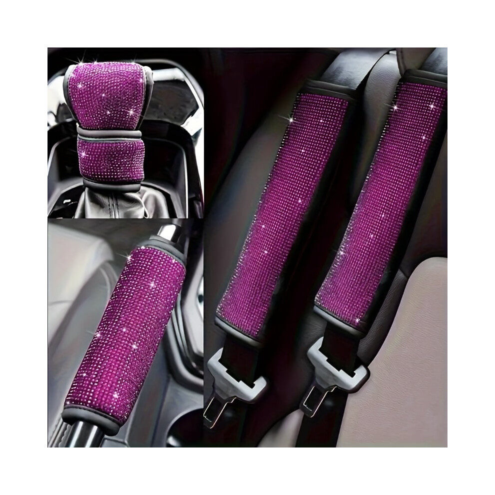 Four-Piece Car Seat Belt Shoulder Pad, Gear Shift Cover, Handbrake Cover Interior Set With Rhinestone Embellishments 9329345301278