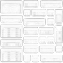 A set of 25 transparent plastic drawer organizers