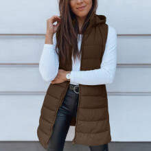 Women's Quilted Long Sleeveless Puffer Vest, Lightweight Warm Winter Waistcoat, Compatible with Down Coats, Coffee, 2XL