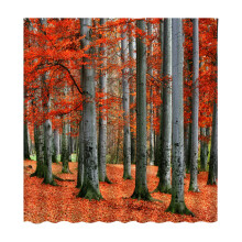 Rideau de douche motif forêt d'automne, feuilles sous une tonnelle, décor champêtre aux tons chauds, ambiance nature, tissu orange et gris,