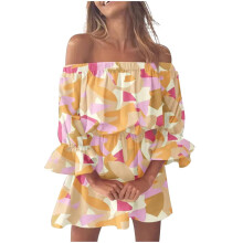 Damsommarklänningar för strand, Off-Shoulder-klänning med tryck och klockärm, Mini-sommarklänning i plusstorlek, Kompatibel med 2022 Fashion
