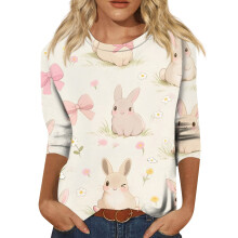 T-shirts à manches 3/4 pour femmes, tailles S à 3XL, motif œufs de Pâques, col rond, style été.