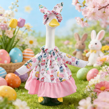 Påskegås-outfit til 63 cm verandastatue – lyserød æg- og blomsterkjole + kaninhat – forårshavedekoration, kompatibel med 63 cm gåsstatue