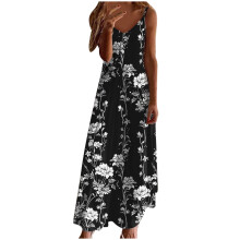 Dam Långa Strandklänningar Spaghettiband Sommar Sexig V-ringad Camisole Maxiklänning - Vintage Blommigt Mönster A-linje Böljande