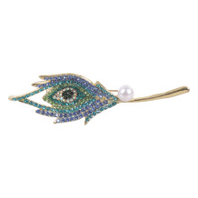 Broche con pluma de pavo real en aleación, verde-azul, 9x3,9 cm