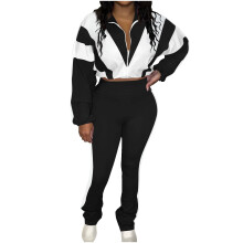 Damen-2-teiliges Outfit: Kurze Jacke mit Kordelzug am Saum, farblich abgesetzter Blockabsatz, durchgehender Reißverschluss und Jogginghose mit