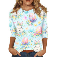 T-shirts à manches 3/4 pour femmes, tailles S à 3XL, motif lapin mignon, col rond, parfaits pour Pâques et l'été.