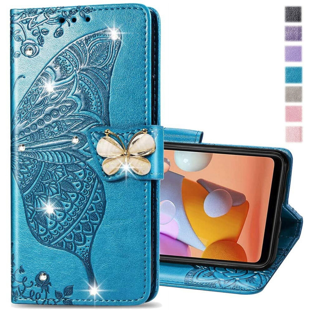 Crystal Glitter Wallet Case With Card Holder & Stand For Compatible With Iphone 16 (6.1") Â Butterfly Design Blue 9402001222091