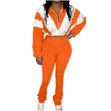 Womens 2 Piece Outfits Drawstring Hem Color Block Full Zip Crop Jacket and Jogger Pants Tracksuit Sets with Pockets