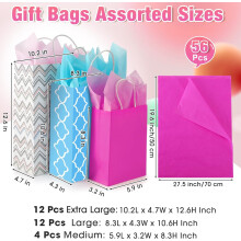 28 sacs cadeaux en papier assortis avec poignées et 56 feuilles de papier de soie pour anniversaire, mariage, remise de diplômes, 3 tailles