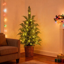 35in Pre-Lit Artificial Christmas Tree – 90cm Green Tabletop Xmas Tree with Warm White LEDs, Battery, Remote Timer & Woven Basket Base – Flame