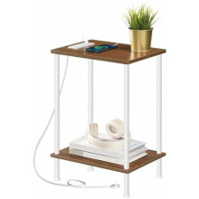Side Table with Charging Station, USB/Outlets, 2-Tier Storage, Walnut & White, Compatible with WH09UBZ01