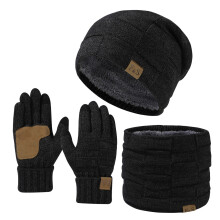 Winter Hat, Scarf & Gloves 3-Piece Set – Fleece-Lined Plaid Knit, Unisex Cold Weather Accessory Set for Skiing, Snowboarding, Commute – Grey