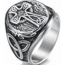 Retro vintage roestvrijstalen ring met christelijk kruis, Keltische knoop, biker- of Viking-thema, cocktailparty-stijl.