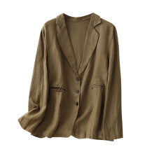Womens Retro Cotton Linen Suit Jacket Long Sleeve Notch Lapel Single Breasted Blazer Casual Office Coat with Pockets