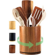 360 Rotating Wooden Utensil Holder, 7.3" Acacia Wood Kitchen Organizer – Compatible with Farmhouse Countertop Decor