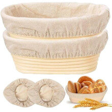 Banneton Bread Proofing Basket Set of 2 (10" Oval) – Natural Rattan with Linen Liners – Compatible with Sourdough Baking