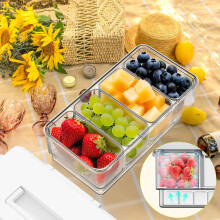Caixa térmica com 4 compartimentos, bolsa de gelo e alça, bandeja refrigerada portátil dividida para frutas, legumes e lanches.