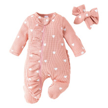 Nyfødt spædbarnsheldragt babypigetøj hjerteprint langærmet flæsefodet jumpsuit med pandebånd valentinsdag 2 stk. sæt trendy heldragt