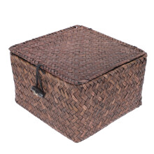 Dark Brown Small Wicker Storage Basket with Lid, Square Organizer for Home, Office, and Bathroom Use