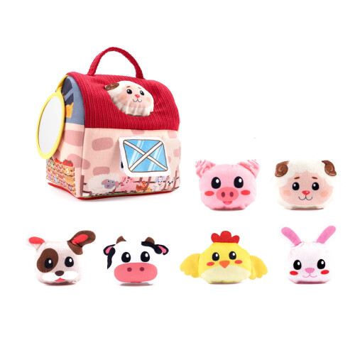 Plush Mini Farm House Set, Interactive Puzzle Sensory Development Detachable Animals Portable Play
