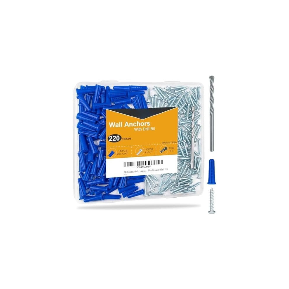 #10-12 Wall Anchors & Screws Kit (220 Pcs): For Drywall, Brick, Masonry, Stucco, Concrete Â 110 Plastic Anchors + 110 Screws, Compatible With 9340959203390